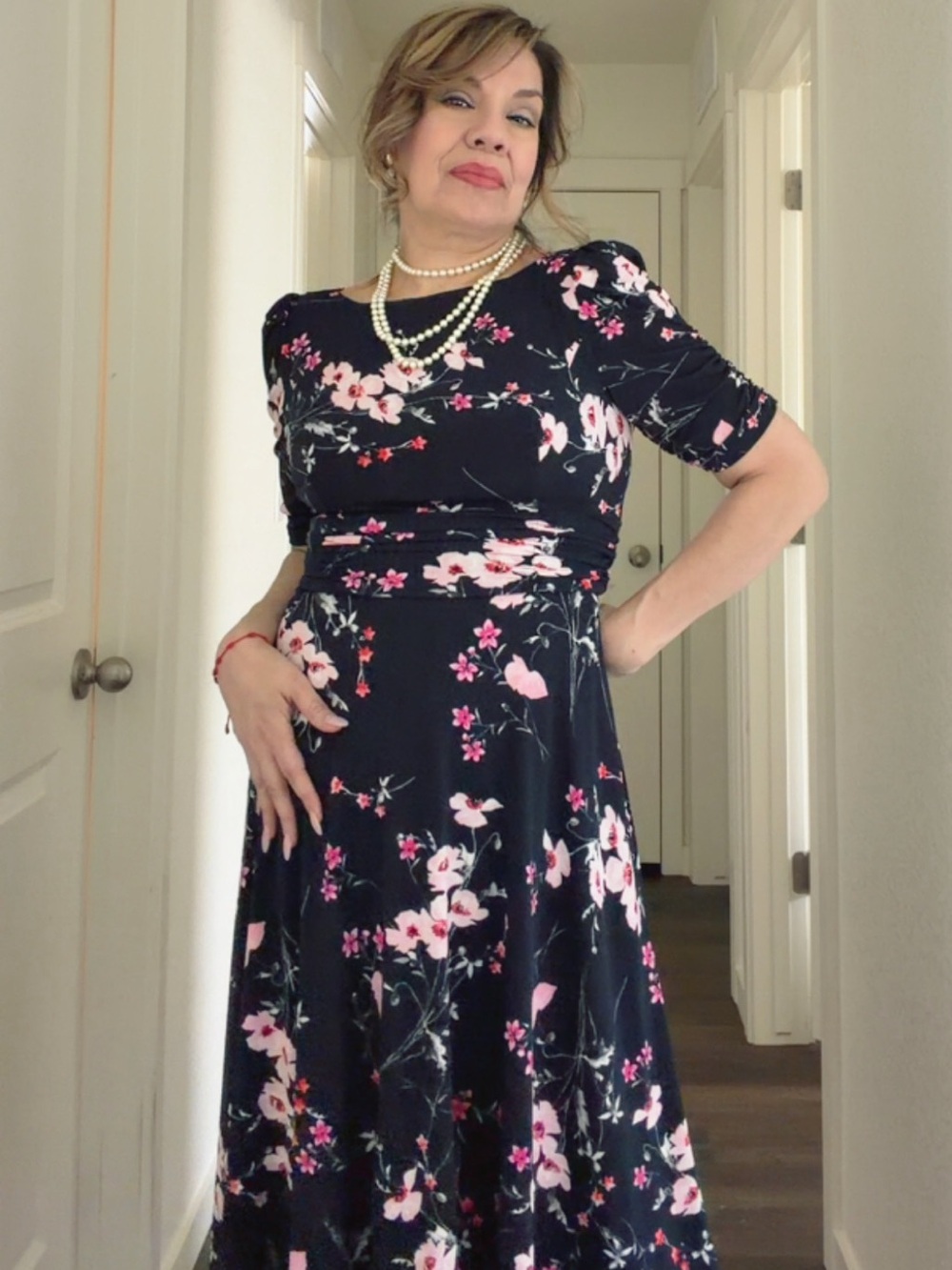 Jessica Howard Black Midi Dress with Pink Floral Print - Picture 2 of 6